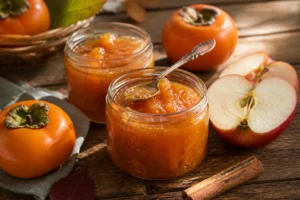 Confiture de kaki et pommes dans des bocaux en verre sur une table en bois rustique avec des kakis et une pomme