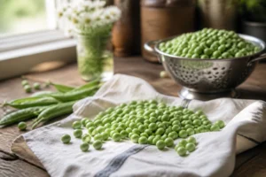 Petits pois frais écossés sur un linge blanc, prêts à être congelés