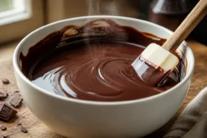 Bol de ganache au chocolat noir trop liquide avec une spatule en silicone sur fond de bois rustique