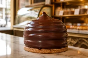 Tête au chocolat sur un comptoir de boulangerie artisanale française, enrobage chocolat brillant et base gaufrette