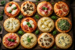 Mini pizzas apéro dorées aux garnitures variées sur une planche en bois rustique