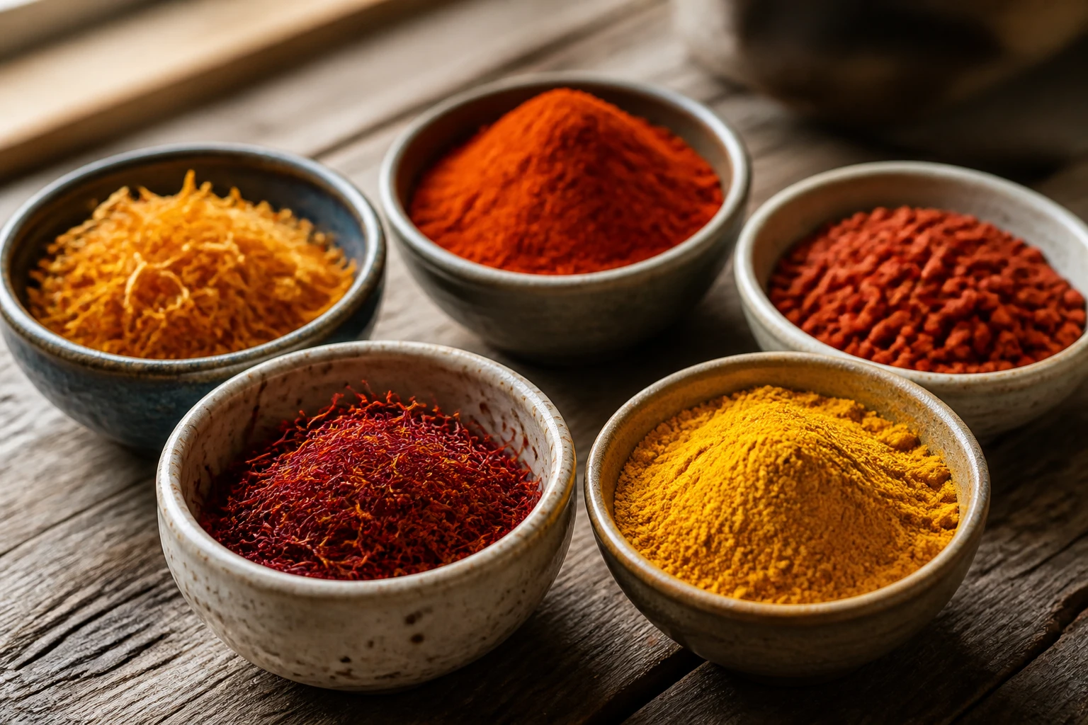 Bols de substituts au safran alignés sur bois : curcuma, paprika, carthame, rocou