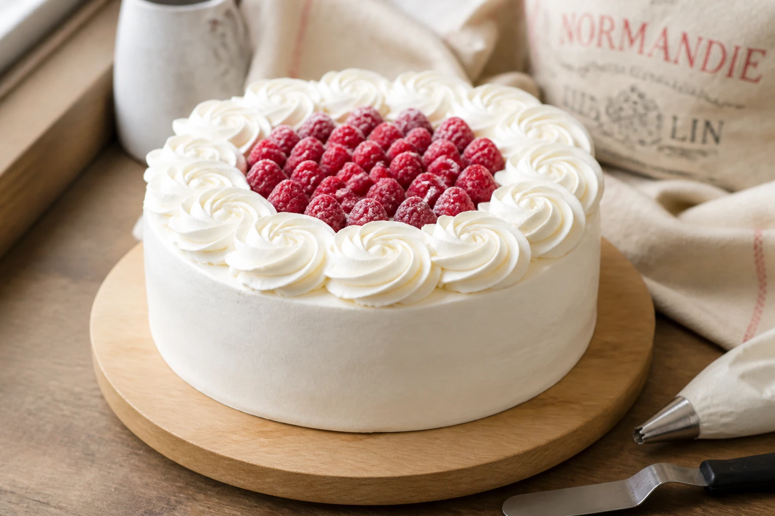 Gâteau rond recouvert de chantilly avec rosaces et framboises sur tournette en bois
