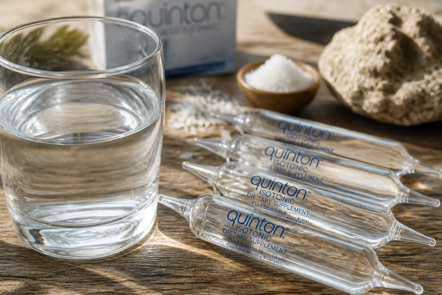 Ampoules d'eau de Quinton isotonique disposées sur une surface en bois avec un verre d'eau