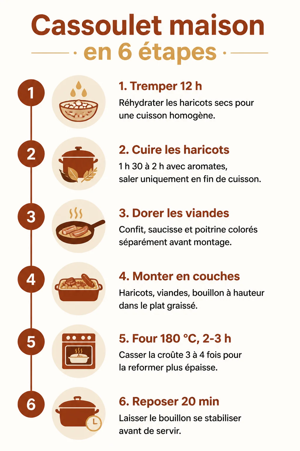 Cassoulet maison en 6 étapes : 1. Tremper 12 h, 2. Cuire les haricots, 3. Dorer les viandes, 4. Monter en couches, 5. Four 180 °C, 2-3 h, 6. Reposer 20 min