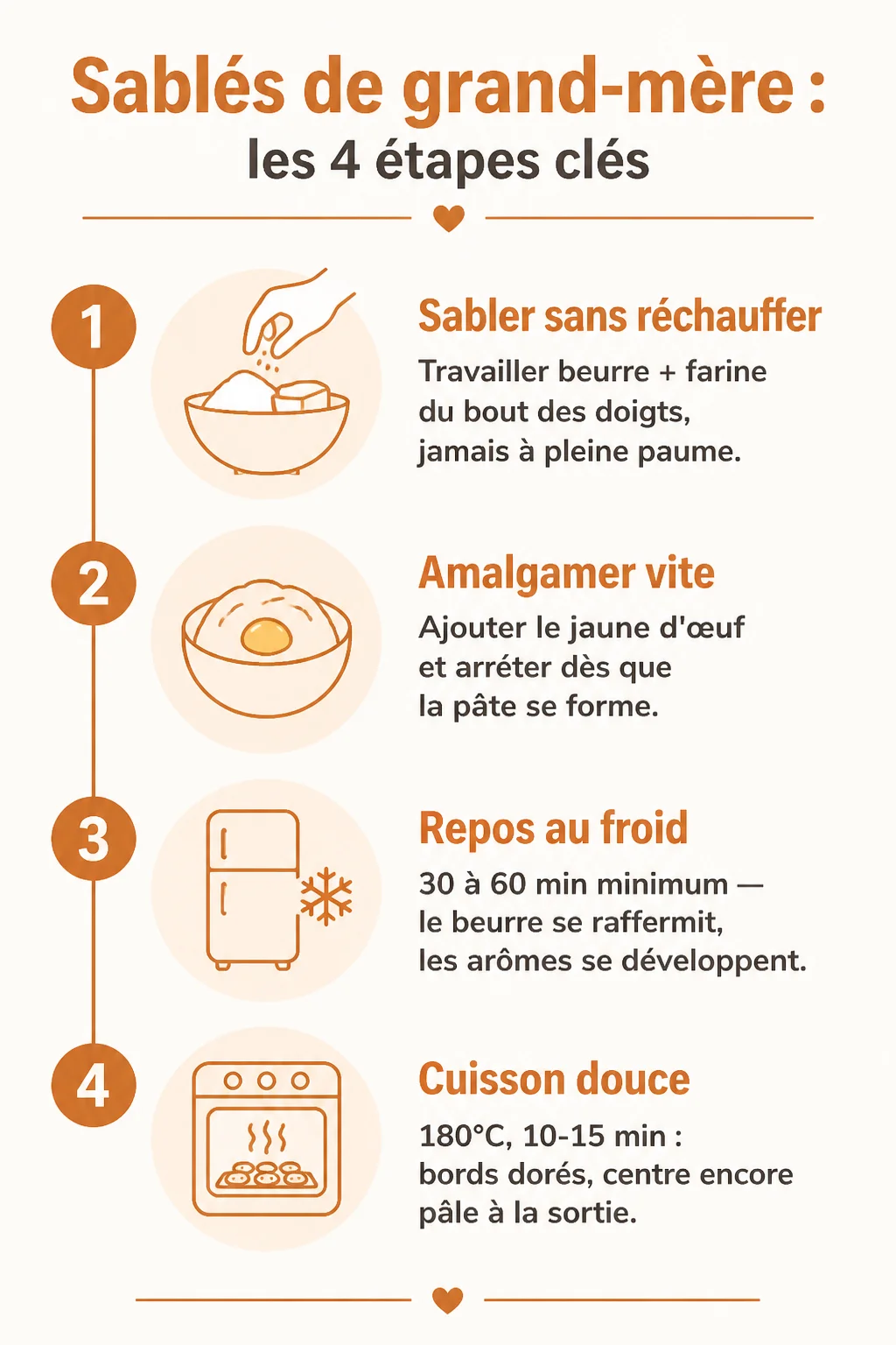 Sablés de grand-mère : les 4 étapes clés : 1. Sabler sans réchauffer, 2. Amalgamer vite, 3. Repos au froid, 4. Cuisson douce
