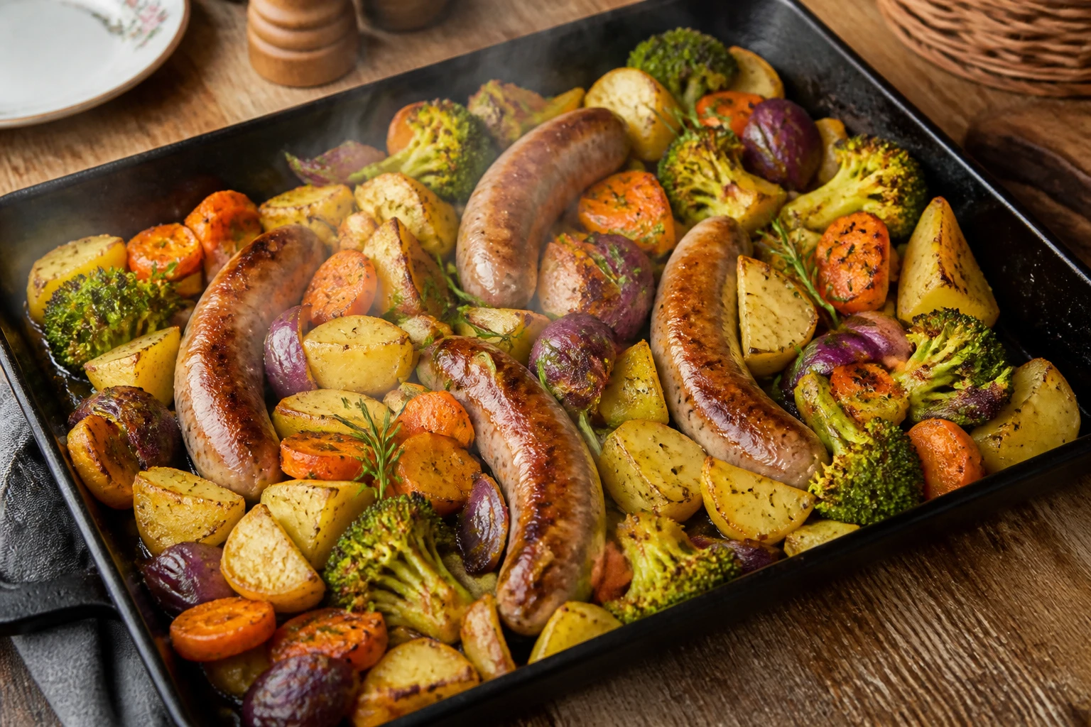 Plaque de saucisses rôties au four avec pommes de terre, carottes et brocolis dorés