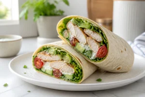 Wrap poulet healthy coupé en deux, garni de poulet grillé, roquette et légumes frais sur une assiette blanche