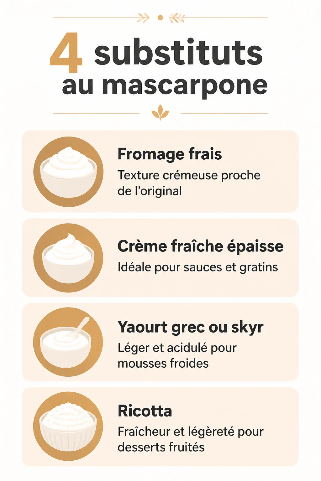 4 substituts au mascarpone : Fromage frais, Crème fraîche épaisse, Yaourt grec ou skyr, Ricotta