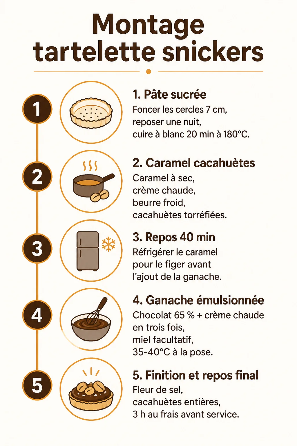 Montage tartelette snickers : 1. Pâte sucrée, 2. Caramel cacahuètes, 3. Repos 40 min, 4. Ganache émulsionnée, 5. Finition et repos final