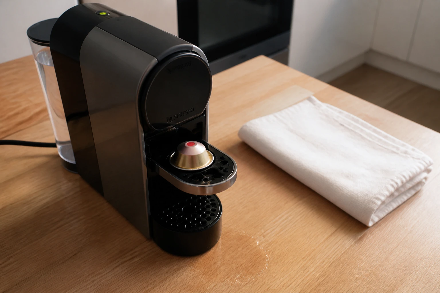 Machine Nespresso avec une flaque d'eau sous le porte-capsule sur un plan de travail en bois
