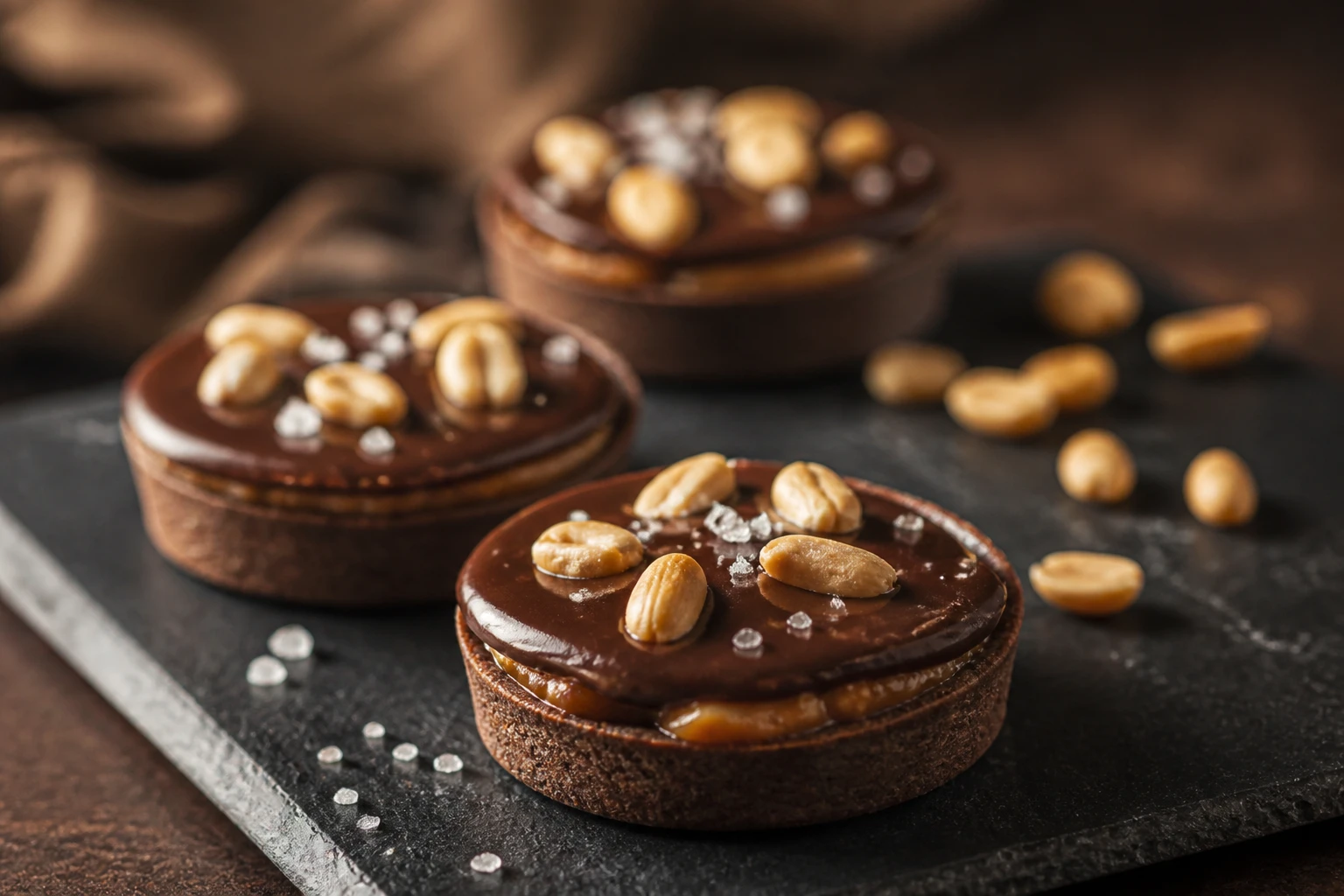 Tartelettes snickers maison avec ganache chocolat brillante, caramel et cacahuètes torréfiées sur ardoise noire