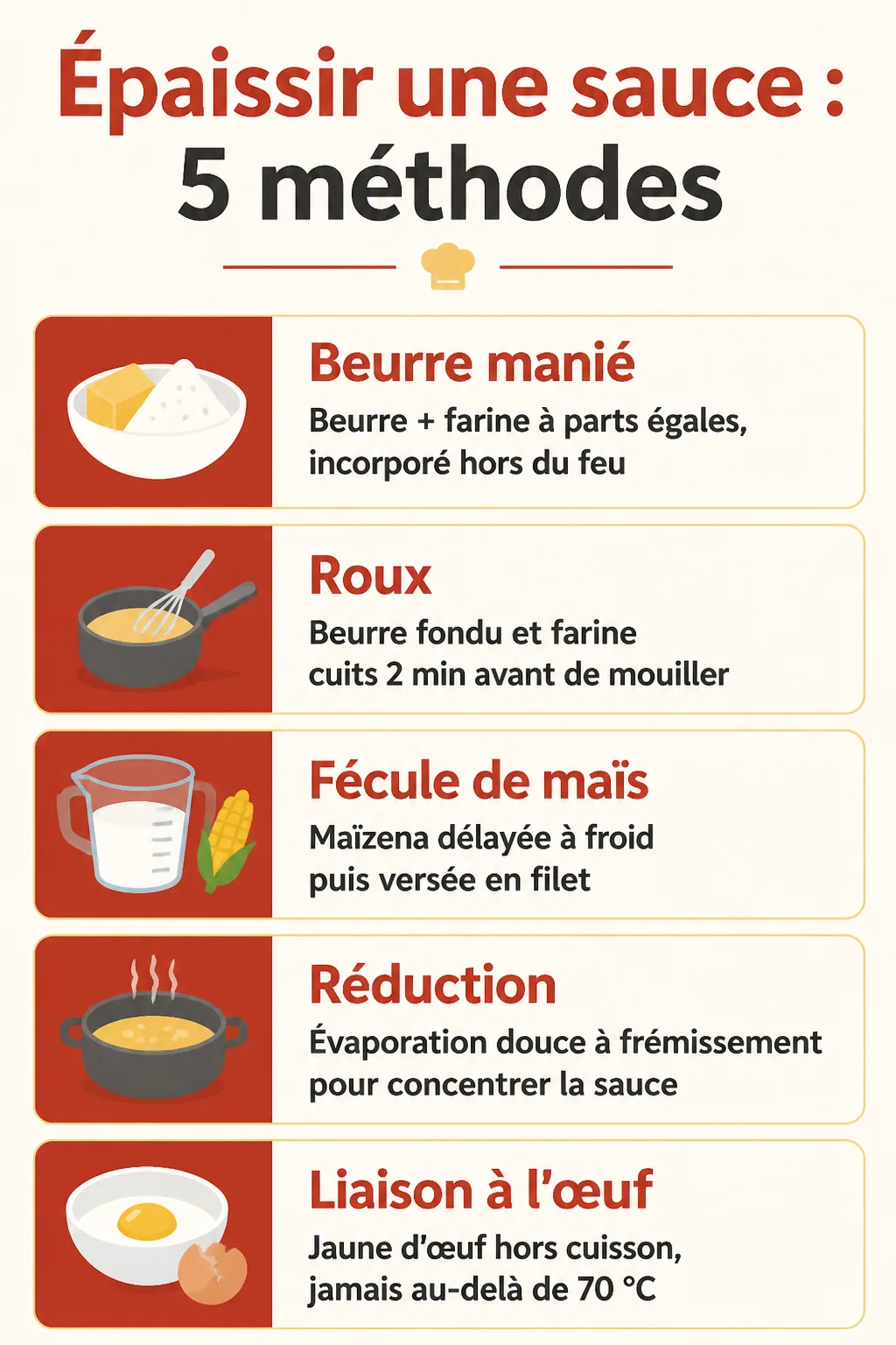 Épaissir une sauce : 5 méthodes : Beurre manié, Roux, Fécule de maïs, Réduction, Liaison à l'œuf
