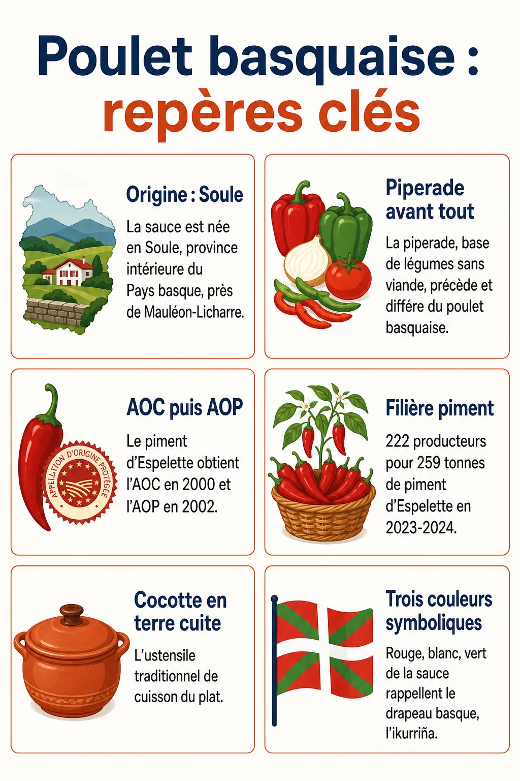 Poulet basquaise : repères clés : Origine : Soule, Piperade avant tout, AOC puis AOP, Filière piment, Cocotte en terre cuite, Trois couleurs symboliques