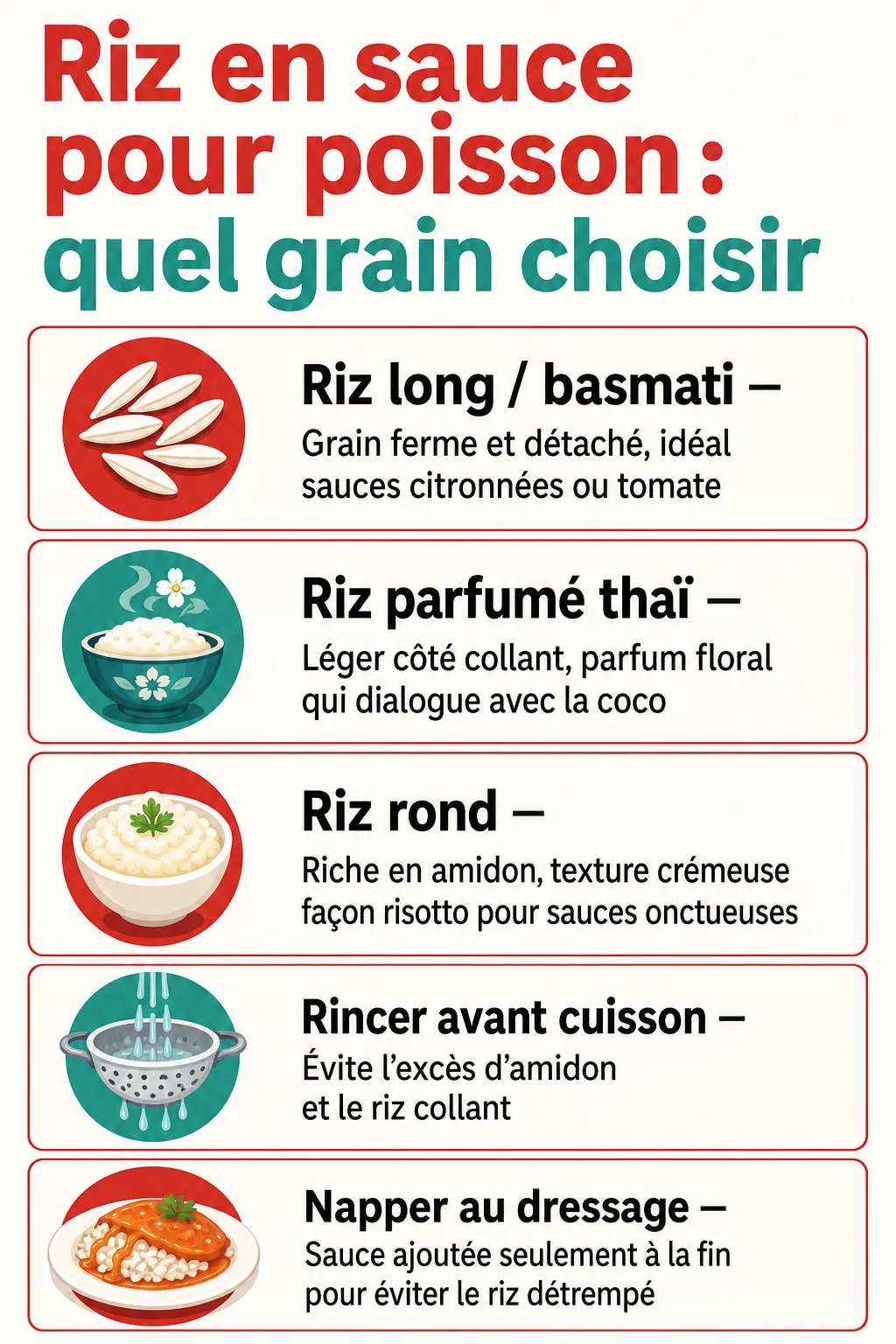 Riz en sauce pour poisson : quel grain choisir : Riz long / basmati, Riz parfumé thaï, Riz rond, Rincer avant cuisson, Napper au dressage