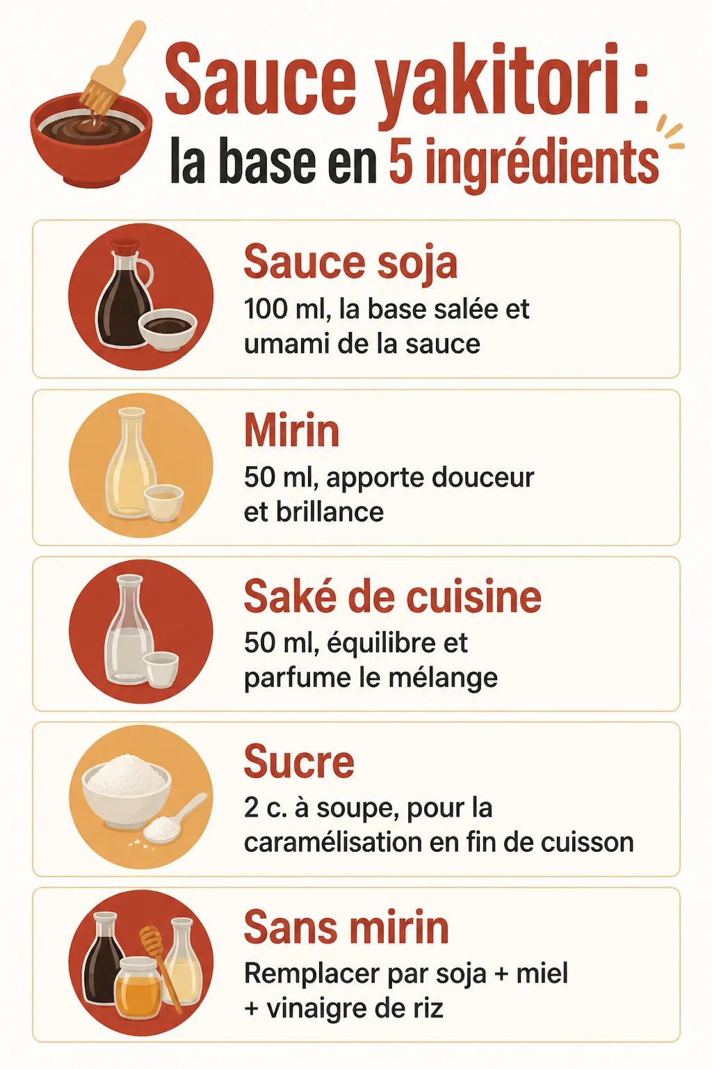Sauce yakitori : la base en 5 ingrédients : Sauce soja, Mirin, Saké de cuisine, Sucre, Sans mirin