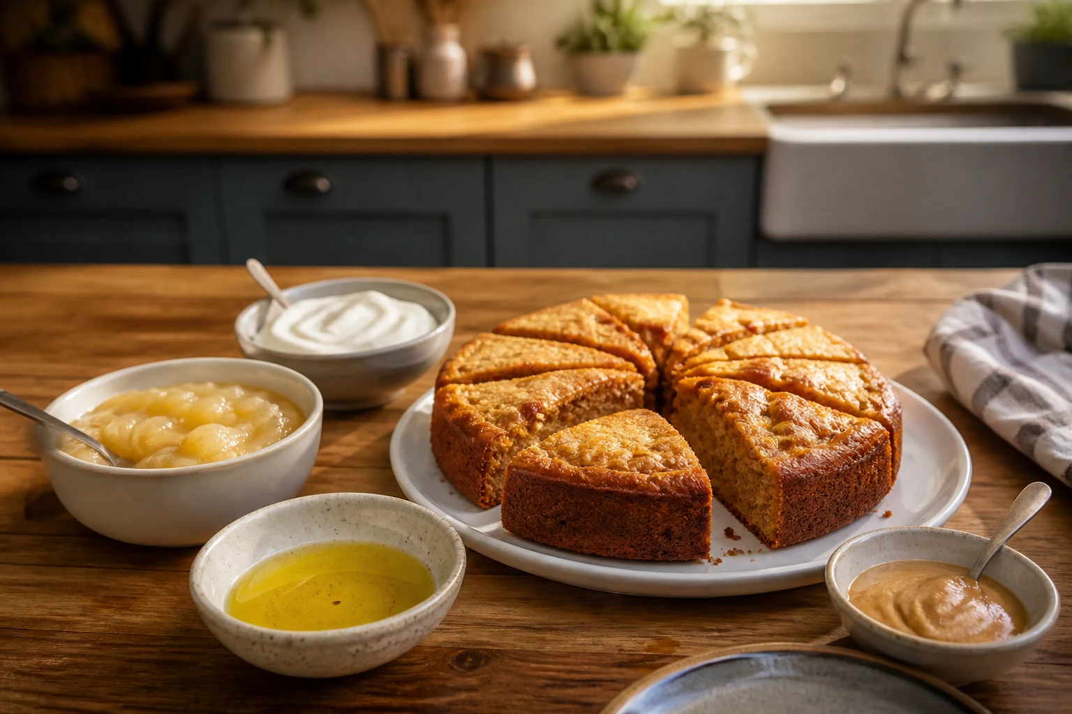 Bols d'huile, compote, yaourt et purée d'amande autour d'un gâteau moelleux découpé, alternatives au beurre en pâtisserie