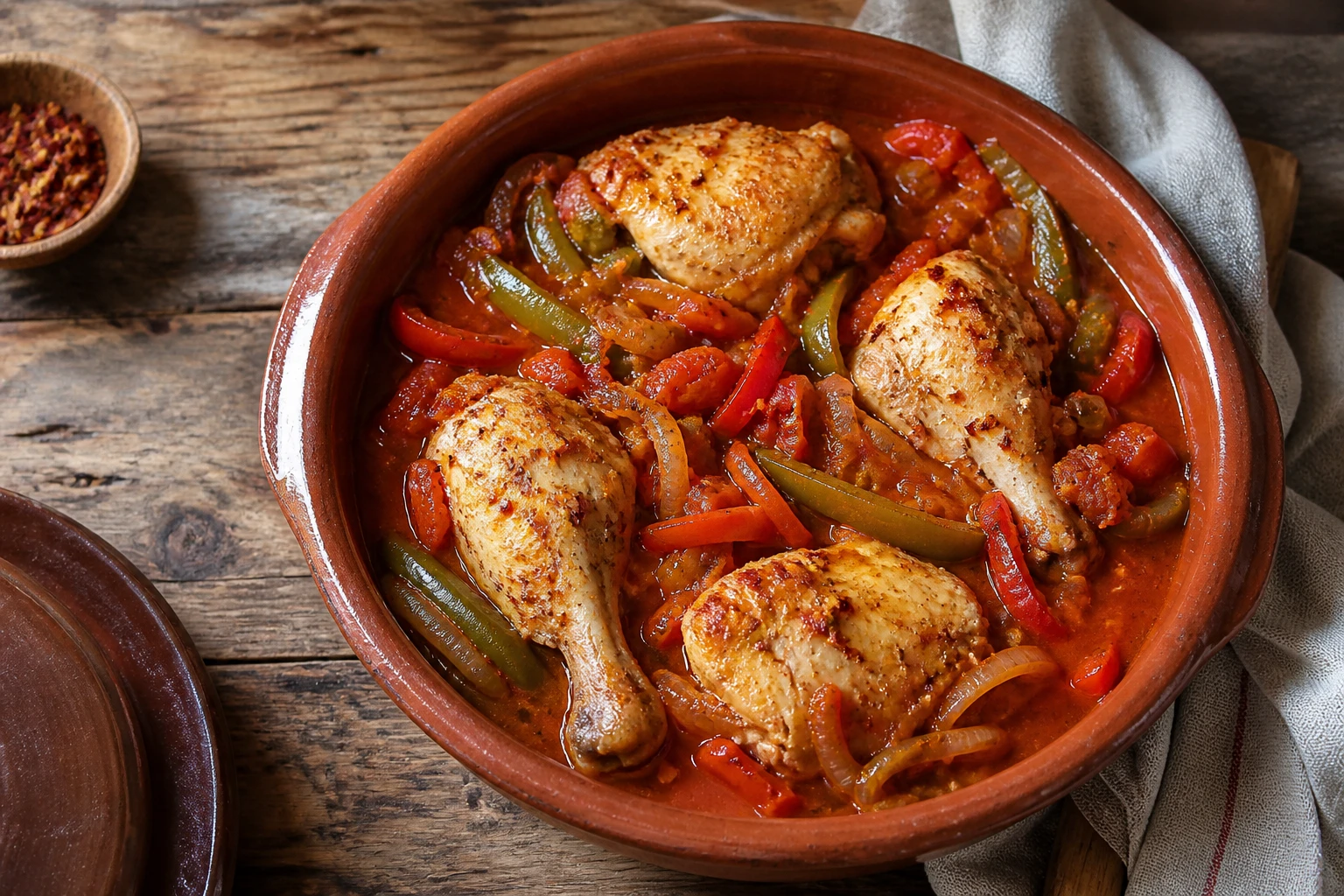 Cocotte en terre cuite de poulet basquaise mijoté avec poivrons, tomates et piment d'Espelette sur table en bois