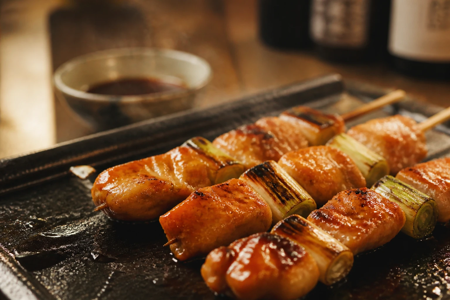 Brochettes de poulet yakitori nappées de sauce brune brillante sur une plancha en fonte