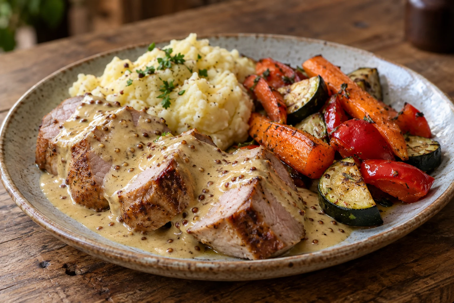 Filet mignon tranché avec purée maison et légumes rôtis dans une assiette en céramique