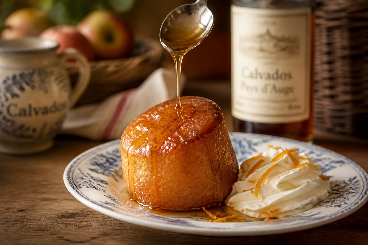 Baba au rhum individuel imbibé de sirop, servi avec chantilly sur assiette en faïence ancienne