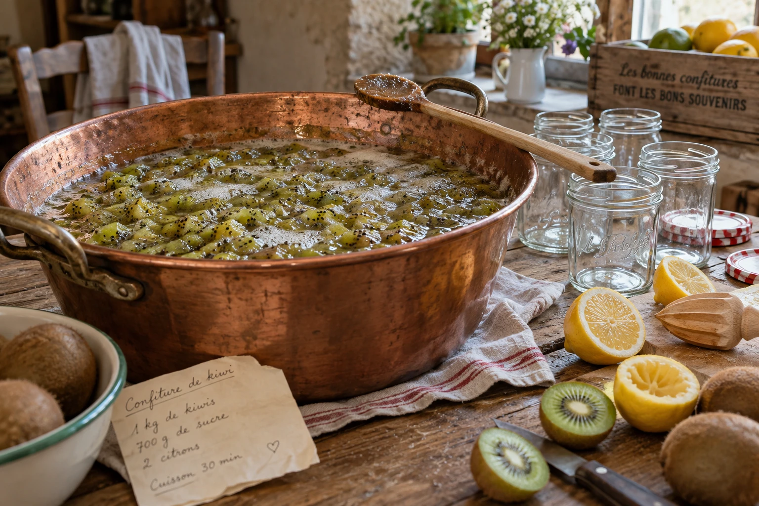 Bassine en cuivre de confiture de kiwi en cuisson avec morceaux de fruits et cuillère en bois