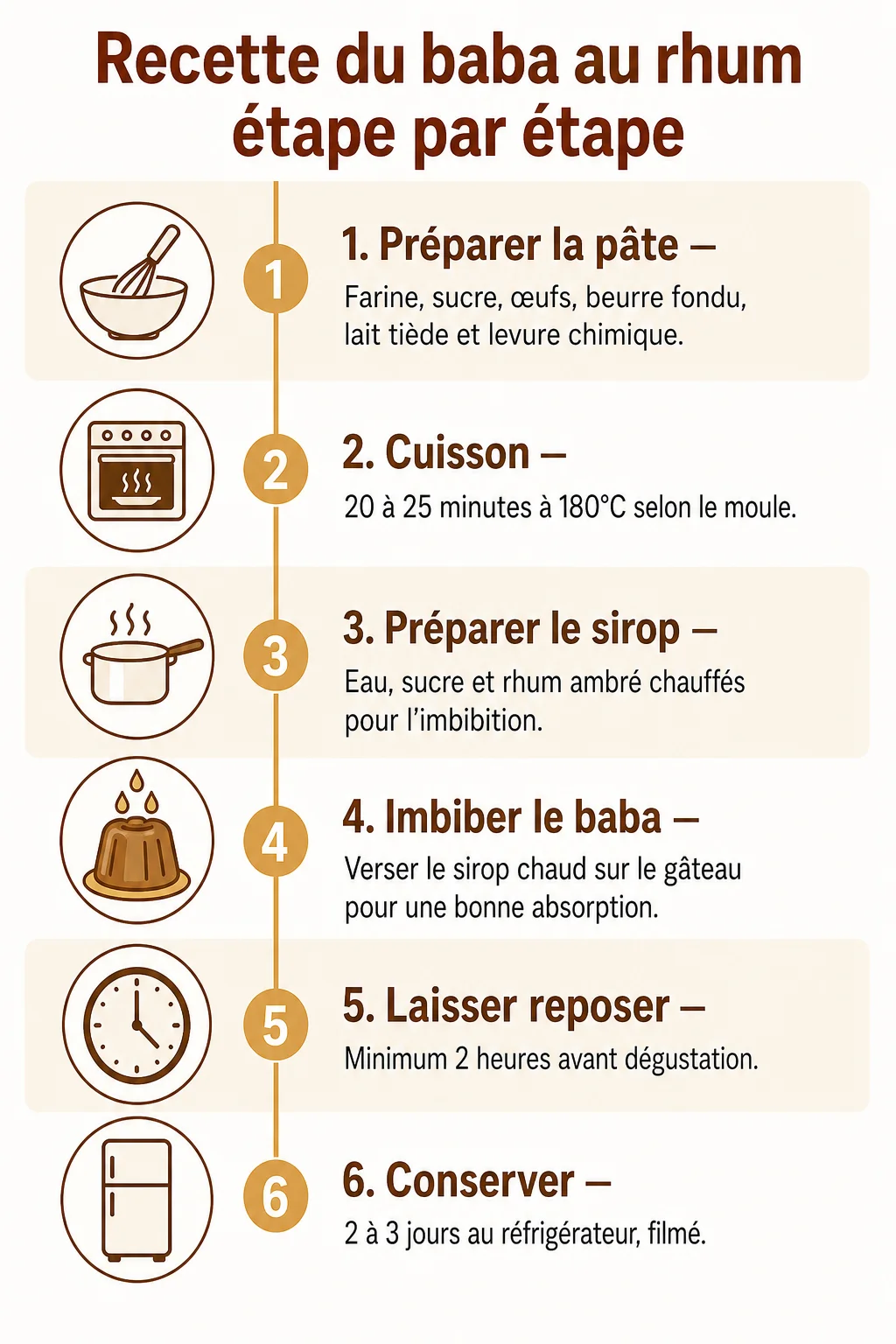 Recette du baba au rhum étape par étape : 1. Préparer la pâte, 2. Cuisson, 3. Préparer le sirop, 4. Imbiber le baba, 5. Laisser reposer, 6. Conserver