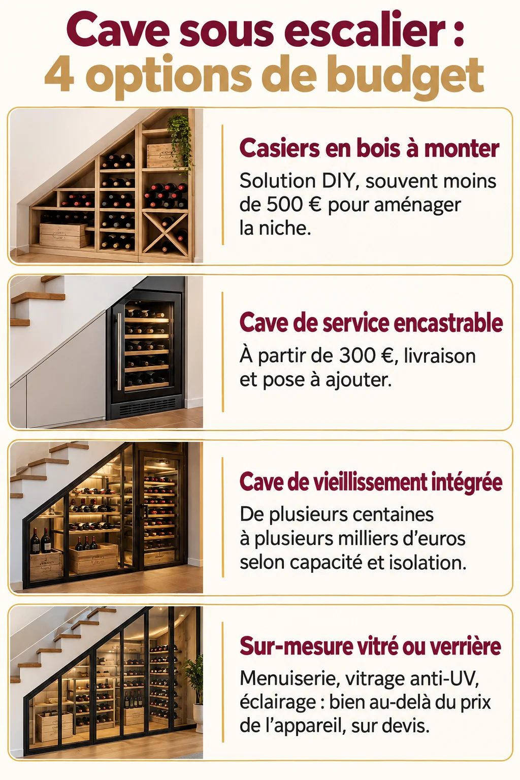 Cave sous escalier : 4 options de budget : Casiers en bois à monter, Cave de service encastrable, Cave de vieillissement intégrée, Sur-mesure vitré ou verrière